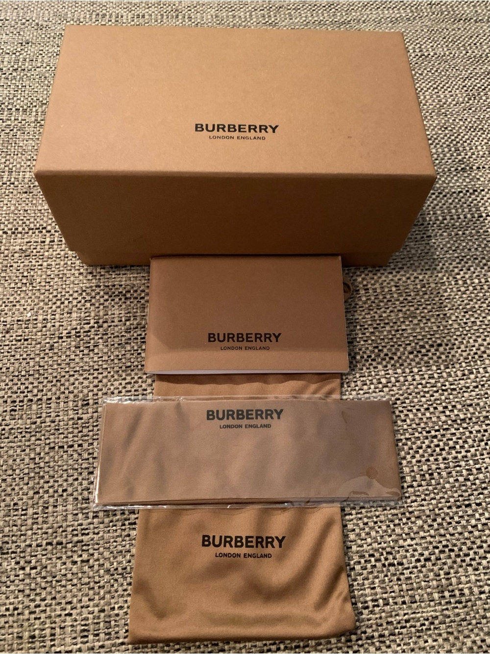 Burberry sunglasses box with cloth case, booklet, cleaning cloth never used